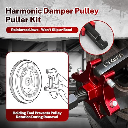 BILITOOLS Adjustable 3-Jaw Harmonic Balancer Puller and Holding Tool Set | 45# Steel Removal Kit with Balancer Holder, 4 Forcing Rods, Forcing Screw and Case for Chevy, GM, Chrysler and Ford Engines - size: Full-Size