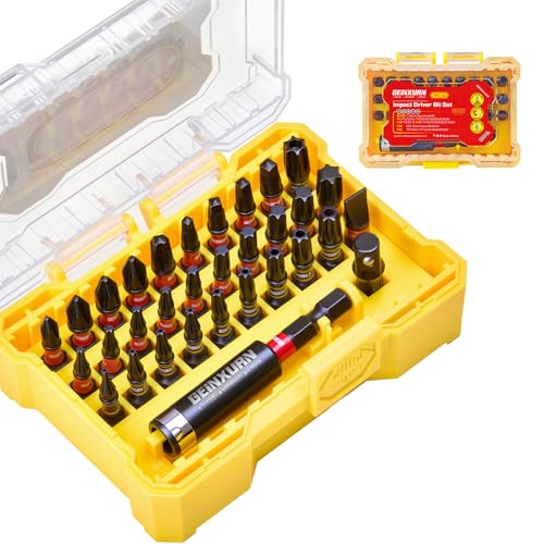 Geinxurn 32Pieces Impact Screwdriver Bits Set,S2 Steel Magnetic Phillips/Slotted/Square/Torx Muliti Insert Bits Tips Set with Impact Bit Holder and 1/4”Socket Adapter(Yellow Storage Box Base) - style: FQ032025-AYW