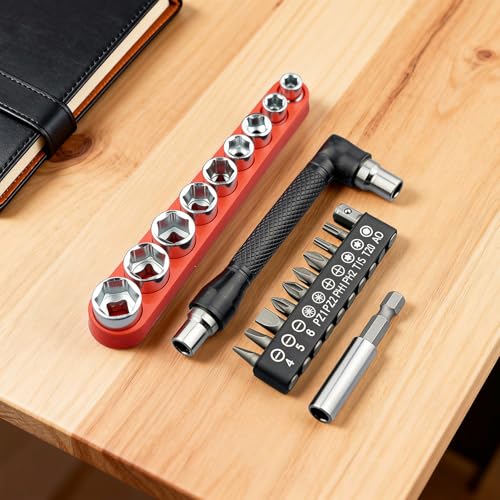 21-Piece Mini Ratchet Wrench & Bit Set - 1/4" Drive Ultra Low Profile Right Angle Screwdriver Kit with Metric Sockets (5-13mm) - Portable EDC Repair Tool for Bike, Car & Tight Spaces