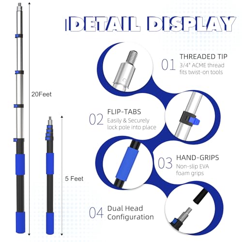 26Ft Reach Car Wash Kit with 5-20FT Telescopic Extension Pole, Car Wash Brush with Long Handle, Wheel Tire Brush, Car Wash Mop, Mitt, Squeegee for Cleaning Car, SUV, RV, Boats, Solar Panels