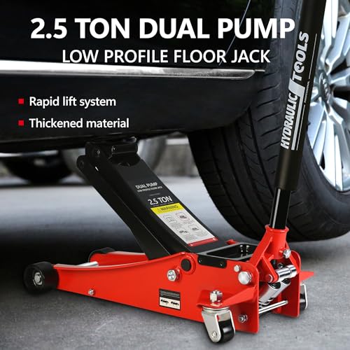 2.5T Low Profile Steel Floor Jack, 5500 lb, Dual Pump, 3.5"-19.5" Lift, Red | Heavy-duty steel construction. Dual piston quick lift pump. Low profile design. Safety overload protection - size: 2.5T Dual Pump 3.5"-19.5"(Red)