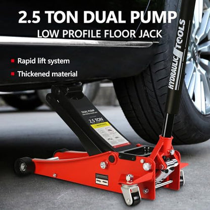 2.5T Low Profile Steel Floor Jack, 5500 lb, Dual Pump, 3.5"-19.5" Lift, Red | Heavy-duty steel construction. Dual piston quick lift pump. Low profile design. Safety overload protection - size: 2.5T Dual Pump 3.5"-19.5"(Red)