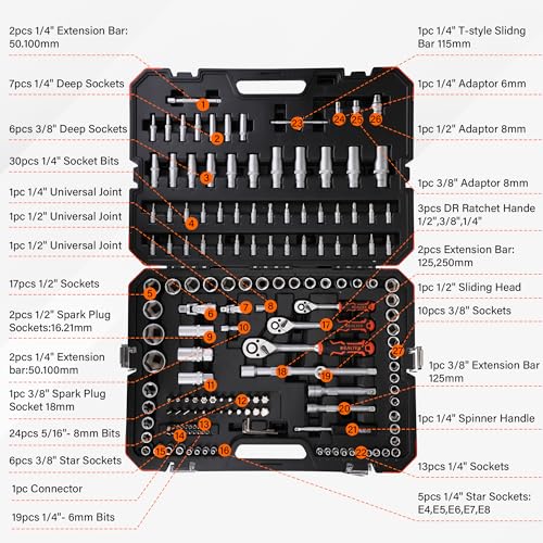 1/4" Socket Ratchet Wrench Screwdriver Set, 172PCS CR-V Metric Wrench Set with Extension Bar, Quick-Release Ratchet Wrench with Bit Socket Set for Auto Repairing, Household with Durable Tool Case - size: 172 Pieces 1/4"3/8"1/2" Drive Socket Set