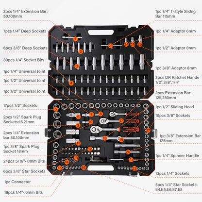 1/4" Socket Ratchet Wrench Screwdriver Set, 172PCS CR-V Metric Wrench Set with Extension Bar, Quick-Release Ratchet Wrench with Bit Socket Set for Auto Repairing, Household with Durable Tool Case - size: 172 Pieces 1/4"3/8"1/2" Drive Socket Set