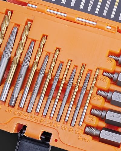 19 Piece Easy Out Screw Extractor Set and Left Hand Drill Bits Set | HSS Steel Reverse Drill Bit for Removing Stripped Damaged Broken Screw, Bolts, Nuts