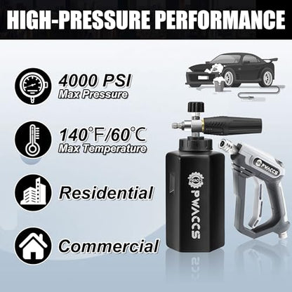 PWACCS Pressure Washer Foam Gun, Short Pressure Washer Gun, Foam Cannon for Car Wash Kit with 1/4" Quick Connector, Pressure Wash Handle for Power Washer with M22 Male Inlet, 4000 PSI, 1.5 Liter - size: 1.5 L