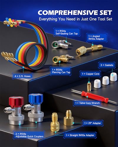 OMT 4 Way AC Diagnostic Manifold Gauge Kit for R134A R410A R22, 5ft Hoses | Includes R134a Couplers Self-Sealing Piercing Can Taps R410a & 29° Adapter ; Solid Brass Build; Ideal for Auto Freon Recharge - size: R134a R22 R410A