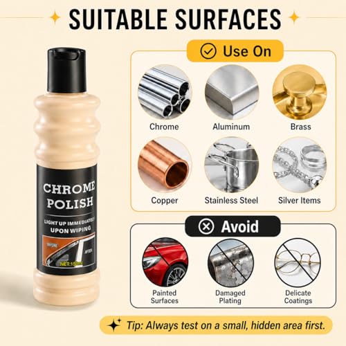 Chrome Polish & Metal Cleaner, 5.07 Fl Oz Metal Shine Restorer for Car Wheels, Rims, Exhaust Tips, Chrome Trim, Stainless Steel, Brass, Copper, Aluminum, Silver, Includes Sponge
