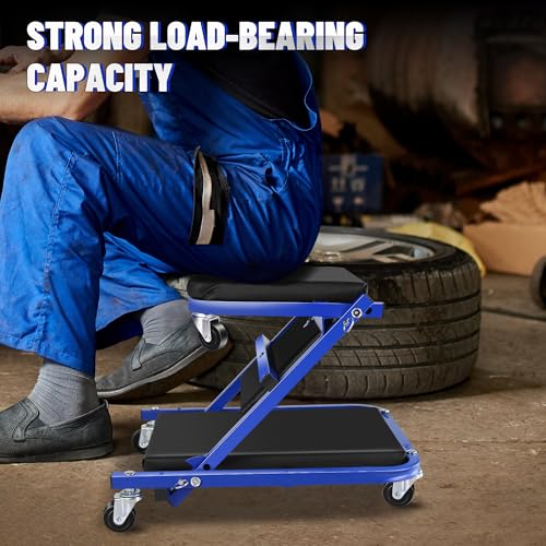 36" Folding Creeper with Tire Kit & Cross Wrench, 330 LBS, 6 Casters | Steel folding creeper converts to seat. Folds flat. 6 casters. Tire kit & 5 boxes. - color: Blue Black with Tire Kit, Wrench & Storage
