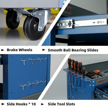 3 Tier Tool Cart,440 LBS Capacity Rolling Tool Cart with Drawers,Heavy Duty Industrial Service Cart on Wheels with Pegboard Hooks for Mechanics,Garage,Warehouse,Workshop,Blue