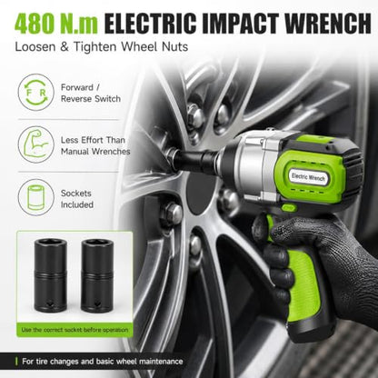 Electric Car Jack Kit 5 Ton 12V with Wrench and Tire Inflator (Black Green) | C model, 20.87 in lift, hydraulic jack, impact wrench, tire inflator, LED light, hard case