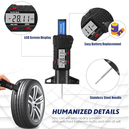 Tallew Digital Tire Tyre Tread Depth Gauge 0-25.4mm Range, 0.01mm Resolution, Portable LCD Display Tire Depth Gauge Digital Tire Checker Measuring Tool with Inch MM Conversion for Motorcycle Car Truck