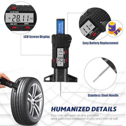 Tallew Digital Tire Tyre Tread Depth Gauge 0-25.4mm Range, 0.01mm Resolution, Portable LCD Display Tire Depth Gauge Digital Tire Checker Measuring Tool with Inch MM Conversion for Motorcycle Car Truck