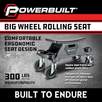 Powerbuilt Big Wheel Rolling Seat, Off-Road Series, Locked in Tool Trays, Heavy-Duty Wheels for Gravel and Rocks - Grey 642965ECE