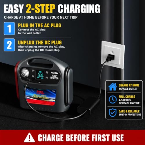 8000A Car Battery Jump Starter, Heavy Duty Jump Box for Gas & Diesel Vehicles, 12V/24V Portable Power Pack with LED Light for Trucks, SUVs, Commercial & Diesel Engines