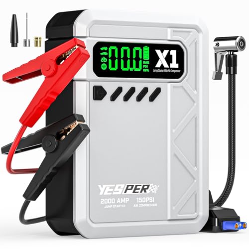 YESPER Jump Starter with Air Compressor 2000A 150PSI Battery Jumper Starter Portable(8L Gas/6L Diesel), 12V Car Jump Pack Battery Charger Jump Box with Jumper Cables, LCD Display, Lights(Grey) - color: Grey
