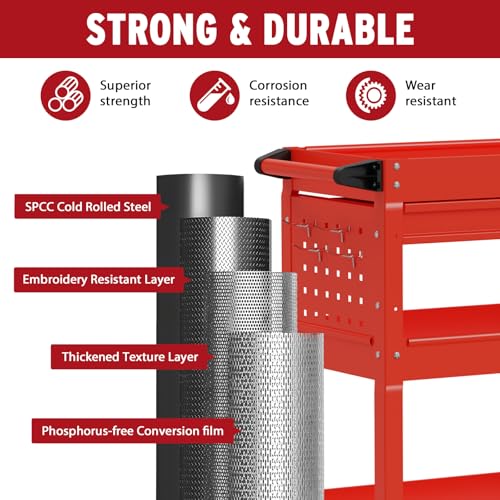 3 Tier Rolling Cart, Heavy Duty Utility Industrial Service Carts on Wheels, Metal Tool Cart with Locked Drawers, Ideal for Garage, Warehouse and Repair Shop (Red) - color: Red