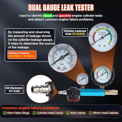 Compression Tester Automotive 46Pcs Petrol & Diesel Compression Tester Kit for HDI/TDCi/Pumpe Duse Engine Cylinder Leak Down Tester Kit with Compression Gauge,Dual-Meter Leak Detector, Adapters