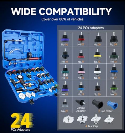 Coolant Pressure Tester Kit, 34pc Master Coolant Vacuum Refill Kit | 23 Radiator Adapters, Radiator Pressure Tester Kit for Automotive Cooling System Water Tank Leakage Detection (Blue)