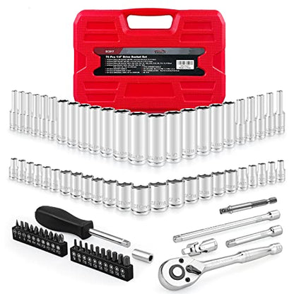EACELIY 75pcs 1/4" Drive Impact Socket Set, Master Socket Set,Wrench Set with 1/4" Bit Adapter, Universal Joint, Ratchet, 1/4 "Drive Bit Set Extension (5/32" - 9/16 ", 4-14mm) - size: 75PCS 1/4inch