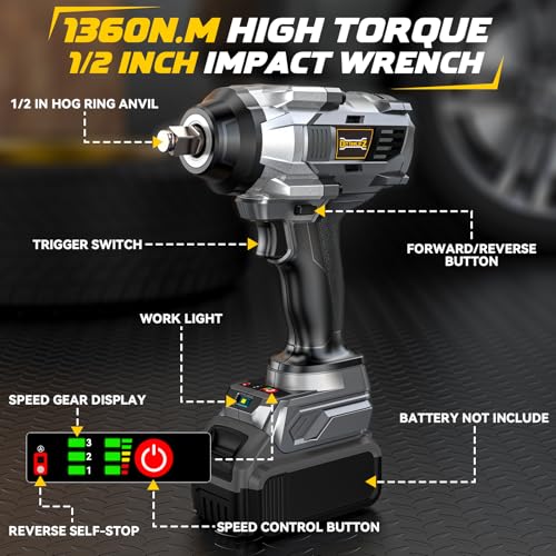 DIYtoolifz Cordless Impact Wrench 1/2” Compatible with Dewalt 20v Battery(Bare Tool), 1000FT-LBS High Torque Impact Driver, Electric Impact Gun with LED Work Light, Variable Speeds, 4-Speed Control