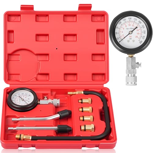 DAYUAN Professional Petrol Engine Compression Tester Kit Set, Red Case | 8 Pcs, 14mm & 18mm Adapters, Dual Scale Gauge, 0-300 PSI/0-20 Bar, Reinforced Rubber Hose, Universal for Cars Motorcycles - color: Red
