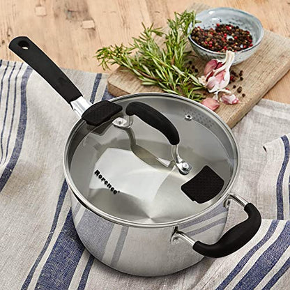 Rorence 3.7 Quart Saucepan with Glass Lid: Stainless Steel Sauce Pan with Two Sides Pour Spout & Riveted Silicone Handles & Build-in Strainer Tempered Glass Cover … - size: 3.7 quarts