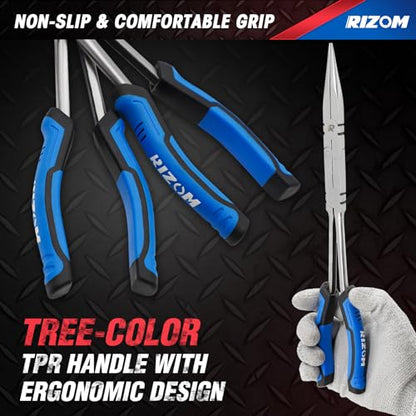 Rizom 3-Piece Long Reach Pliers Set, 13 Inch Double Jointed Long Needle Nose Pliers, 11 Inch 45° & 90° Bent Nose Pliers for Narrow Spaces and Limited Areas - size: 3PCS