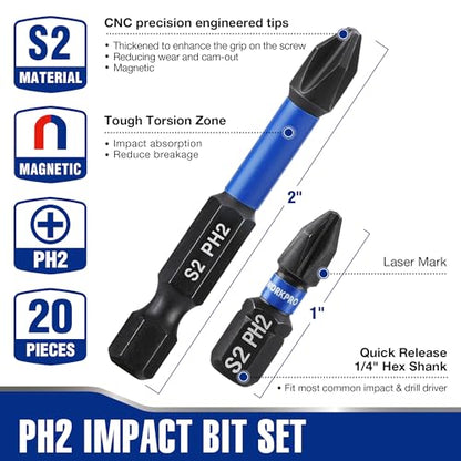 WORKPRO 16pcs PH2 Impact Phillips Screwdriver Bit Set, CNC Machined S2 Steel Tips with Magnetism, 1/4" Hex-Shank Driver Bits, 1"& 2" Long Impact Screwdriving Bits with Storage Box - size: 1 in&2 in