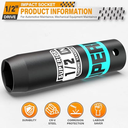 1/2" Drive Impact Socket, 1/2 inch Deep Socket, SAE, 6 Point, CR-V, for Car Repair, Loosen the Fastening Nut - size: 1/2" Drive 1/2 Inch Deep