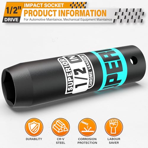 1/2" Drive Impact Socket, 1/2 inch Deep Socket, SAE, 6 Point, CR-V, for Car Repair, Loosen the Fastening Nut - size: 1/2" Drive 1/2 Inch Deep