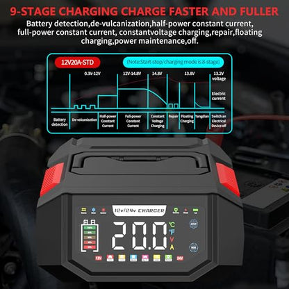 20A Battery Charger, 12V/24V Fully Automatic Trickle Charger, Red | Adjustable 1-20A Car Battery Charger, Battery Maintainer, Pulse Repair, for LiFePO4, Lead Acid, Deep Cycle Batterie