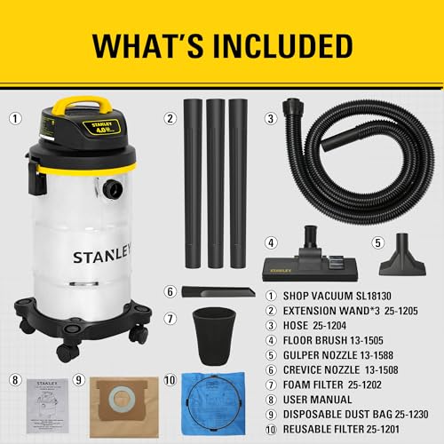 STANLEY Wet Dry Vacuum 5 Gallon with 4 HP Powerful Motor Suction,Stainless Steel Shop Vacuum Portable Wet Dry Vac for Jobsite, Workshop, Garage, Basement SL18130 - size: 5 Gallon(SL18130)