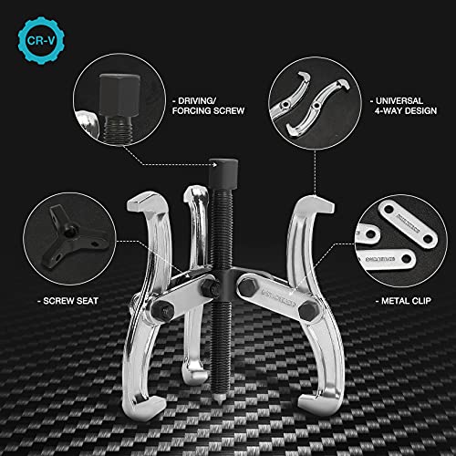 DURATECH 4-Inch 3-Jaw Gear Puller, Removal Tool for Gears, Pulleys, Bearings and Flywheels, Fully Assembled, CR-V Steel | Black Phosphated, Anit-Slip, Corrosion Resistance, for Narrow Spaces, Bearing Puller, for Gears, Pulleys, Bearings, Flywheels - size:
