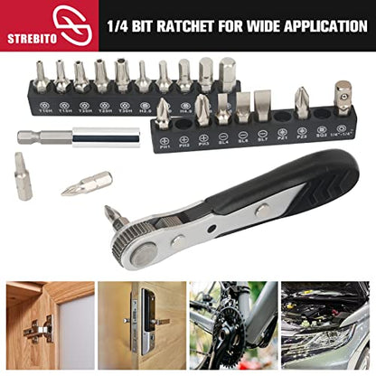 STREBITO Mini Ratchet Set, 22-Piece 1/4 Ratchet Right Angle Screwdriver | 36-Tooth Small Ratcheting Wrench Bit Ratchet For Tight Spaces, with Phillips, Torx, Hex, Square and Adapter for Socket - color: 22 in 1