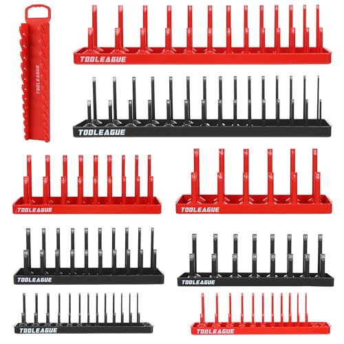 TOOLEAGUE 9Pcs Socket Organizer Tray and Magnetic Wrench Holder Set,Red SAE & Black Metric, 1/2", 1/4", 3/8" Socket Storage Trays for Tool Box Drawer - size: 9pcs