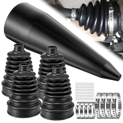 4 PACK Rubber CV Axle Boot Repair Kit with CV Boot Tool Cone Mounting | No Axle Removal Required, Flexible Leak Proof Protection, 8pcs Stainless Steel Clamps & 12pcs Zip Ties, Universal Vehicle