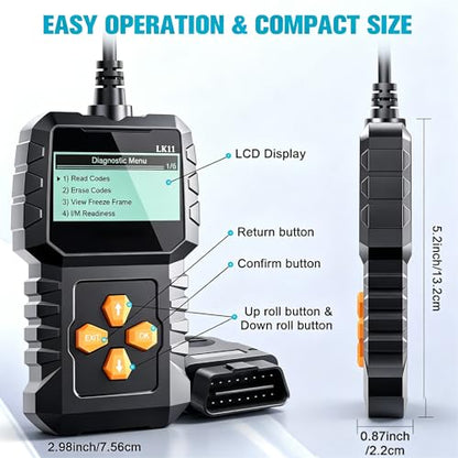 OBD2 Scanner Ease Setup Plug-Play: Clear Reset Engine Error Code | Professional Code Reader Diagnostic Scan Tools with Freeze Frame/I/M Readiness for Cars Since 1996 & Newer - LK11
