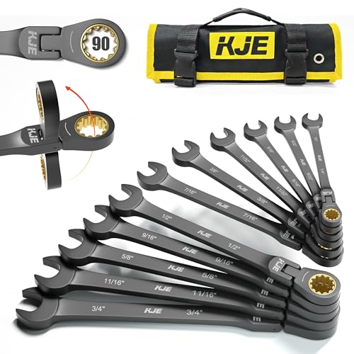 KJE 90-Teeth SAE 180° Flex-Head Ratcheting Wrench Set, Cr-V Steel, 11-Piece SAE 1/4"-3/4" Combination Wrenches set, Nickel Plating, with Organizer Bag, for Auto, Machine Repair, Gift - size: 11PCS SAE 1/4 - 3/4 INCH
