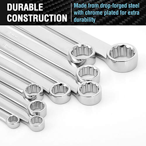 DURATECH Extra Long Ratcheting Wrench Set, Double Box End, Metric, 9-Piece | 8mm-22 mm, CR-V, 72-Tooth, 5° swing arc, 12-Point, More Torque, for Narrow Spaces, with EVA Foam Organizer - size: 9-Piece Set