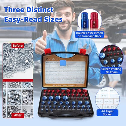 Nut and Bolt Thread Checker Set, 55 Pcs Thread Checker Tool (25 Metric & 30 SAE), Bolt Thread Gauge & Size Finder, Bolt and Nut Identifier with Storage Case for Mechanics Garage