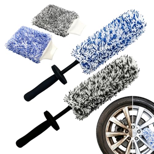 Wheel Barrel Cleaning Brush,2026 New Long Handle Microfiber Wheel Brush Car Duster,Lightweight Rim Detailing Tool for Narrow Spokes & Brake Calipers (Black+Blue Set) - color: Black+Blue Set
