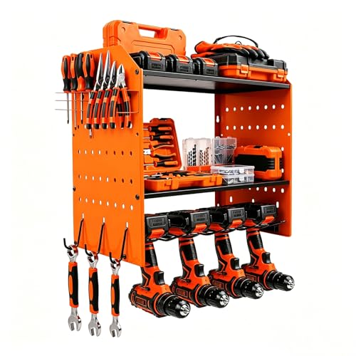Power Tool Organizer Wall Mount, Cordless Drill Holder | 200lb Capacity 3 Layer Heavy Duty Storage Rack with 4 Drill Holders and 2 Storage Shelves for Garage and Workshop - color: Orange-4tier