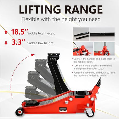 3T Low Profile Steel Floor Jack, 6600 lb, Dual Pump, 3.3"-18.5" Lift, Red | Heavy-duty steel. Dual piston quick lift. Low profile design. 3.3" entry, 18.5" max. Overload safety protection. - size: 3T Dual Pump 3.3"-18.5"(Red)