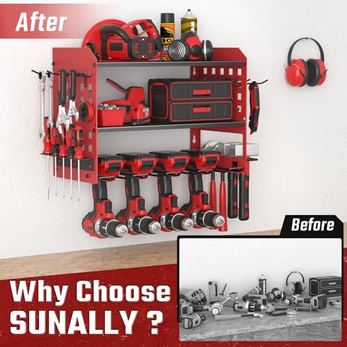 SUNALLY Power Tool Organizer, Heavy Duty Wall Mount Tool Organizer 3 Layers with 4 Drill Holders, Garage Tools Storage Rack with 2 Side Pegboards and Hooks for Workshop, Shed, Red - style: 4 Drill Holders D