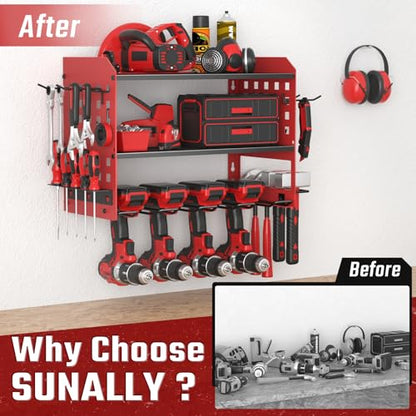 SUNALLY Power Tool Organizer, Heavy Duty Wall Mount Tool Organizer 3 Layers with 4 Drill Holders, Garage Tools Storage Rack with 2 Side Pegboards and Hooks for Workshop, Shed, Red - style: 4 Drill Holders D