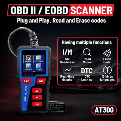 AT300 Car Code Reader, OBD2 Car Code Scanner Check Engine Light Fault Code Reader Scanner CAN Diagnostic Tool for All OBDII Protocol Cars,Cranking Test - color: AT300