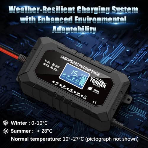 YONHAN 15-Amp 12V 24V Battery Charger LiFePO4 Trickle Charger | Car Battery Charger Fully-Automatic Smart Lead Acid Portable 9-Stage Smart Battery Maintainer with Temp Compensation