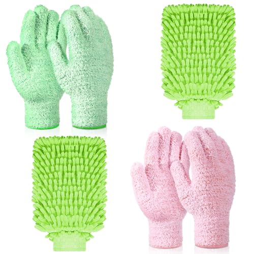 Potchen 6 Pcs Microfiber Dusting Mitt Gloves for Plants Washable Dusting Gloves for House Cleaning Furniture Car Washing - color: Green, Pink, Cyan