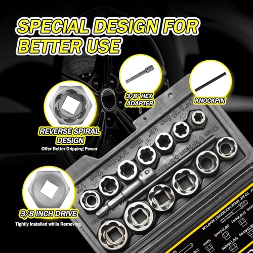 15Pcs Bolt Extractor Socket Set, Heavy-Duty Nut Socket Set, 3/8" Drive Impact Stripped Bolt Remover & Locking Lug Nut Tool for Damaged/Frozen/Rusted Bolts, Nuts & Screws, Storage Case Included - size: 15Pcs
